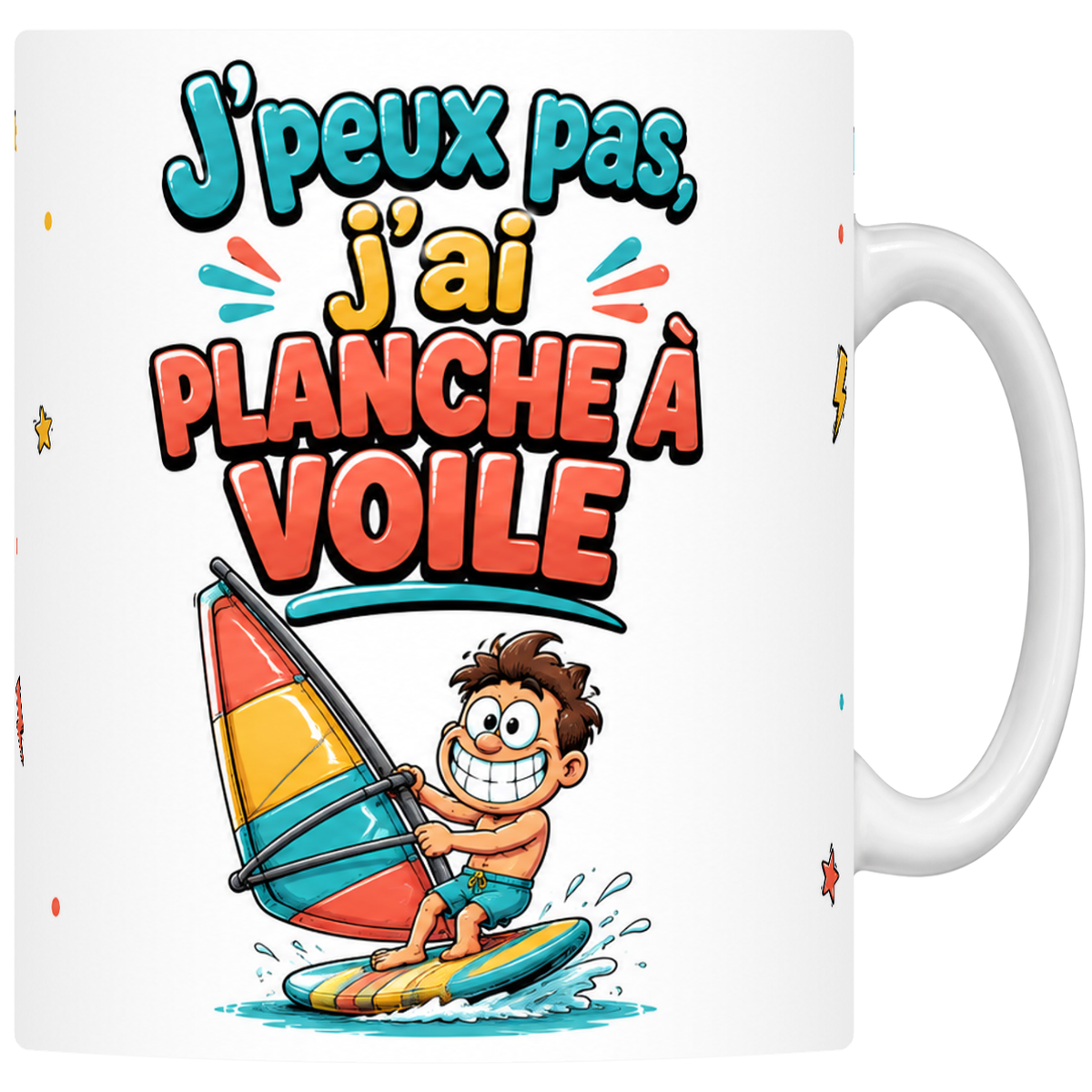 Mug céramique 330 ml « J'peux pas j'ai planche à voile » : véliplanchiste mascotte