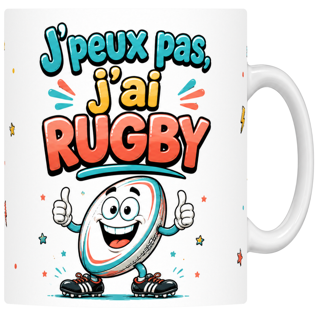 Mug céramique 330 ml « J'peux pas j'ai rugby » : ballon ovale mascotte à crampons