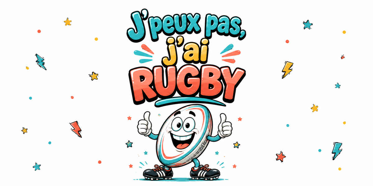 Visuel « J'peux pas, j'ai rugby » : ballon ovale souriant, crampons noirs, deux pouces levés