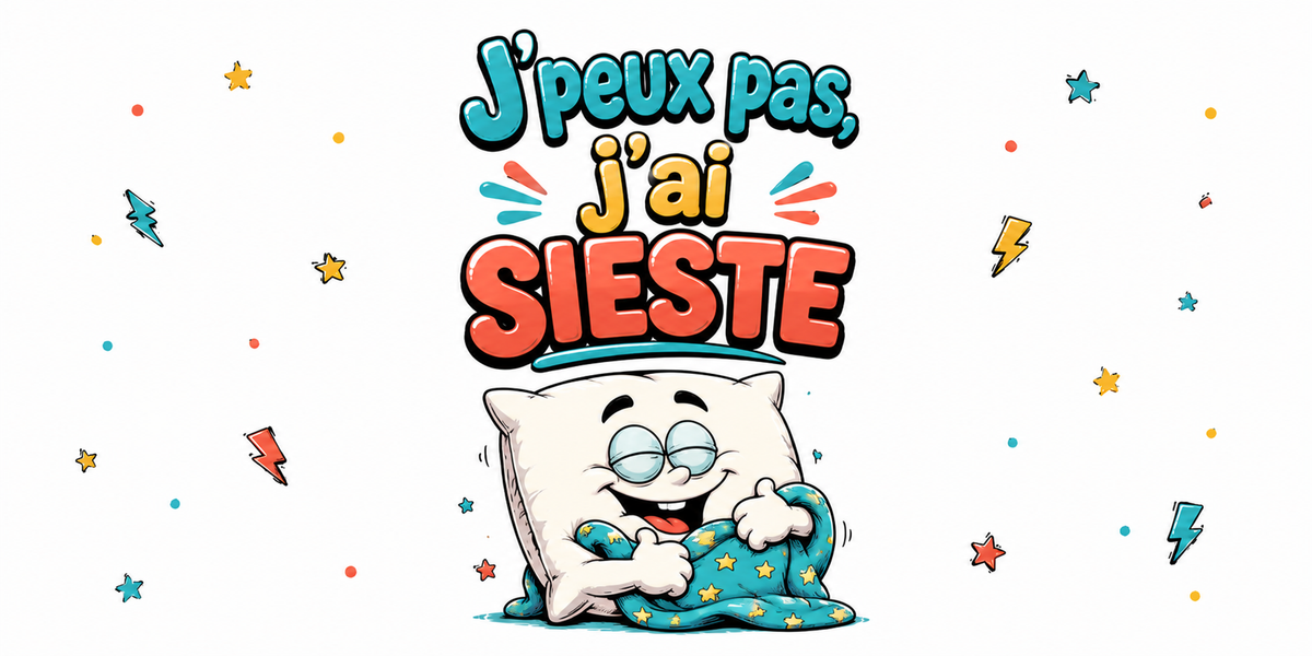 Visuel « J'peux pas, j'ai sieste » : oreiller aux yeux mi-clos serrant une couette étoilée