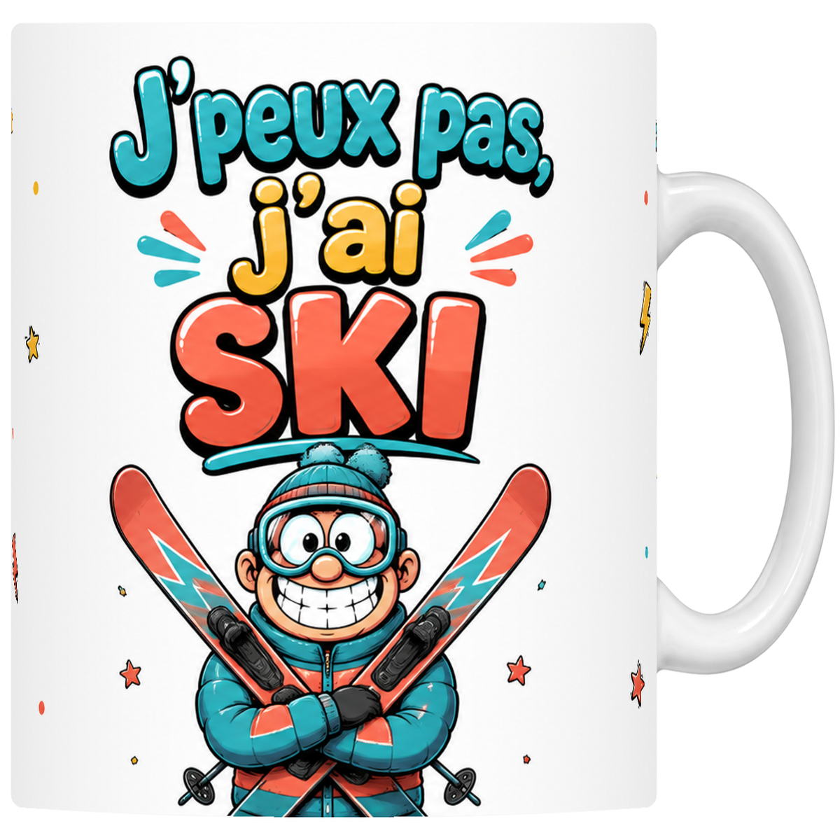 Mug céramique 330 ml « J'peux pas j'ai ski » : skieur mascotte au bonnet, skis croisés