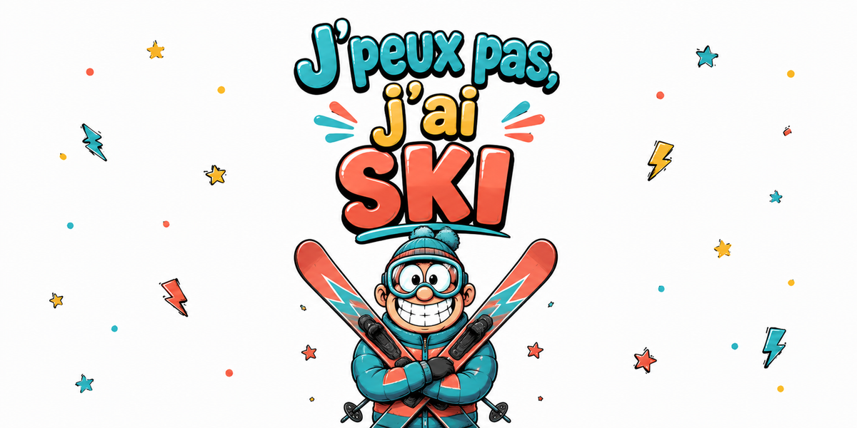Visuel « J'peux pas, j'ai ski » : skieur en combinaison turquoise, bonnet, skis croisés