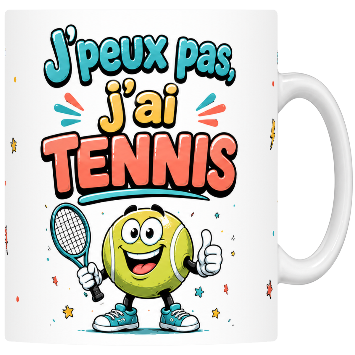 Mug céramique 330 ml « J'peux pas j'ai tennis » : balle de tennis mascotte à la raquette