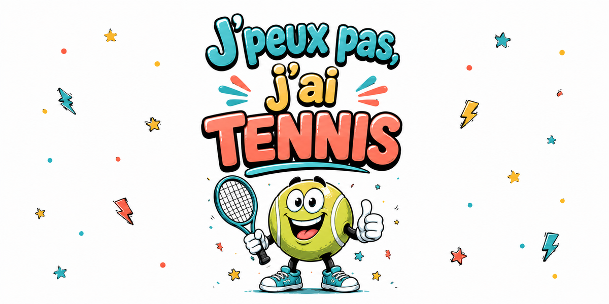 Visuel « J'peux pas, j'ai tennis » : balle de tennis souriante avec raquette, pouce levé