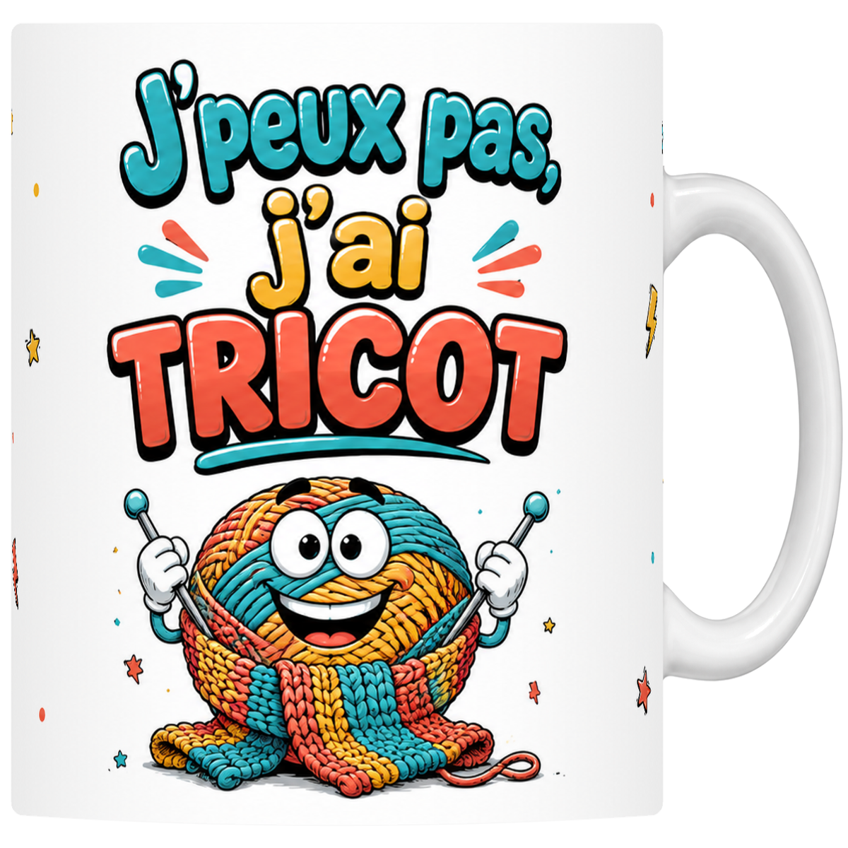Mug céramique 330 ml « J'peux pas j'ai tricot » : pelote de laine mascotte et aiguilles