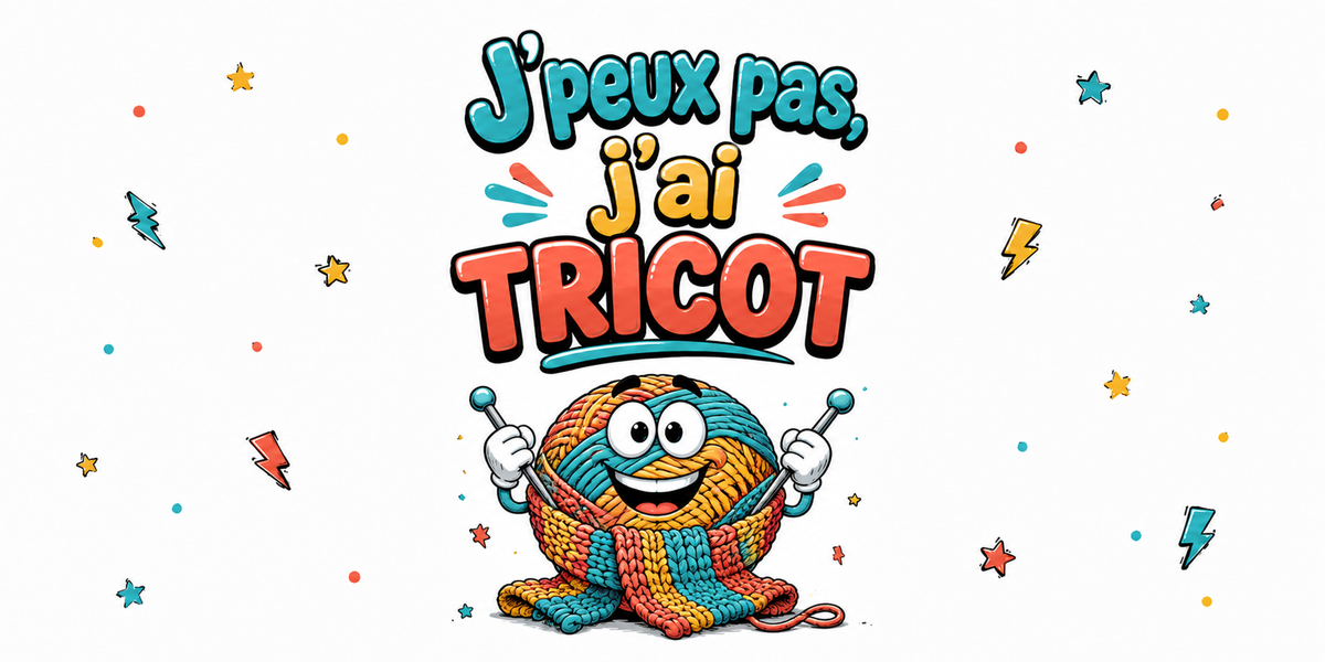 Visuel « J'peux pas, j'ai tricot » : pelote de laine souriante, aiguilles et écharpe