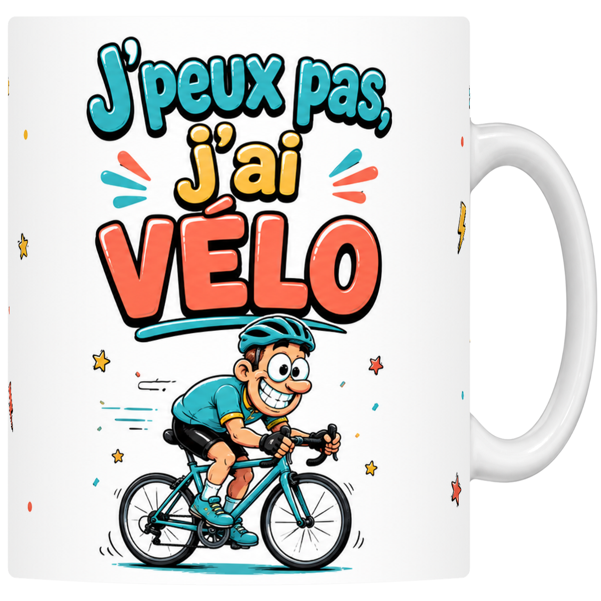 Mug céramique 330 ml « J'peux pas j'ai vélo » : cycliste mascotte sur vélo de route