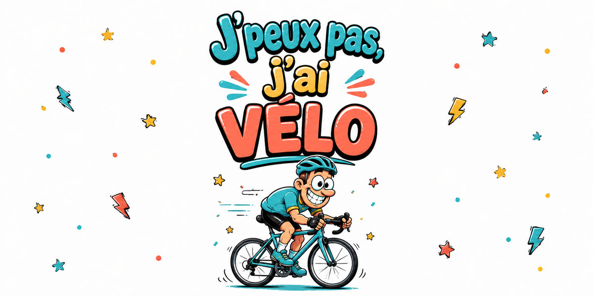 Visuel « J'peux pas, j'ai vélo » : cycliste casqué sur son vélo de route turquoise