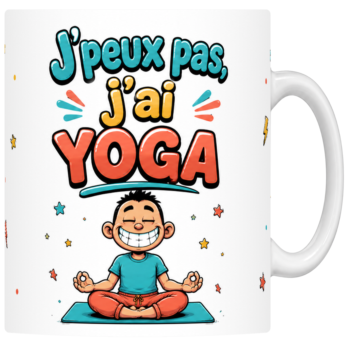 Mug céramique 330 ml « J'peux pas j'ai yoga » : yogi mascotte en lotus sur son tapis