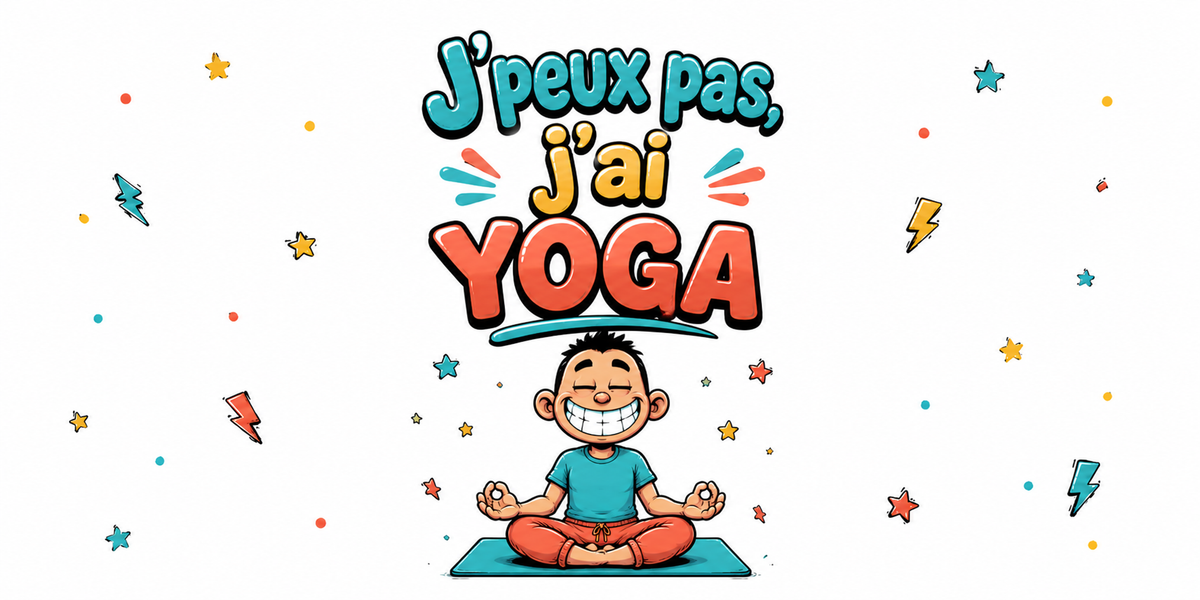 Visuel « J'peux pas, j'ai yoga » : yogi en lotus sur tapis bleu, t-shirt turquoise