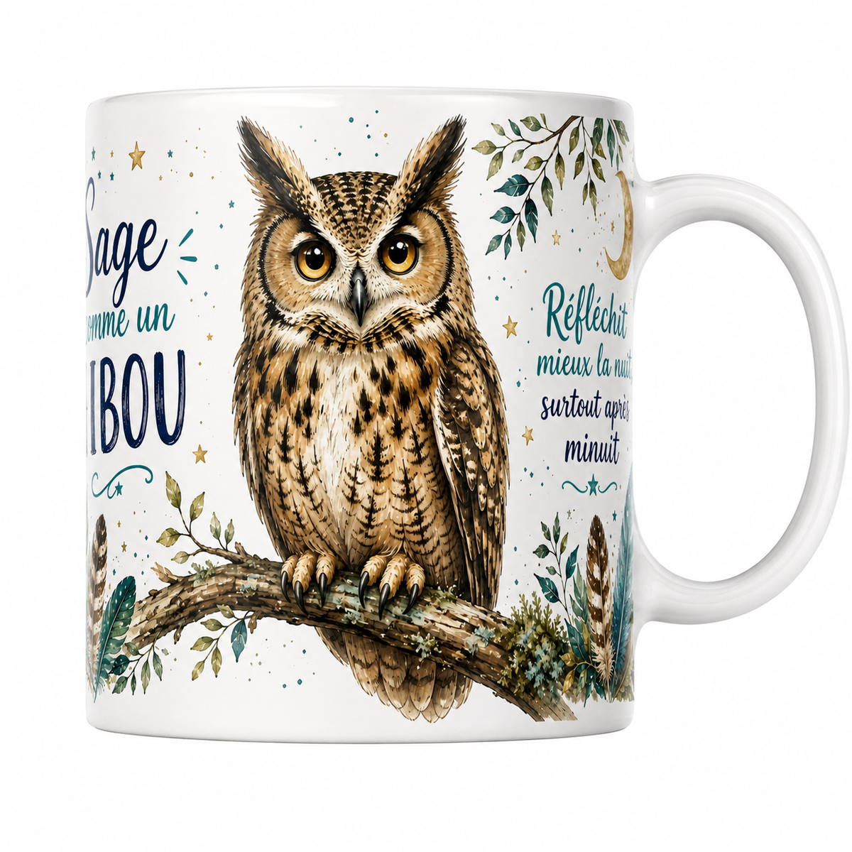 Mug céramique 330 ml « Sage comme un hibou » : grand-duc sur sa branche sous la lune