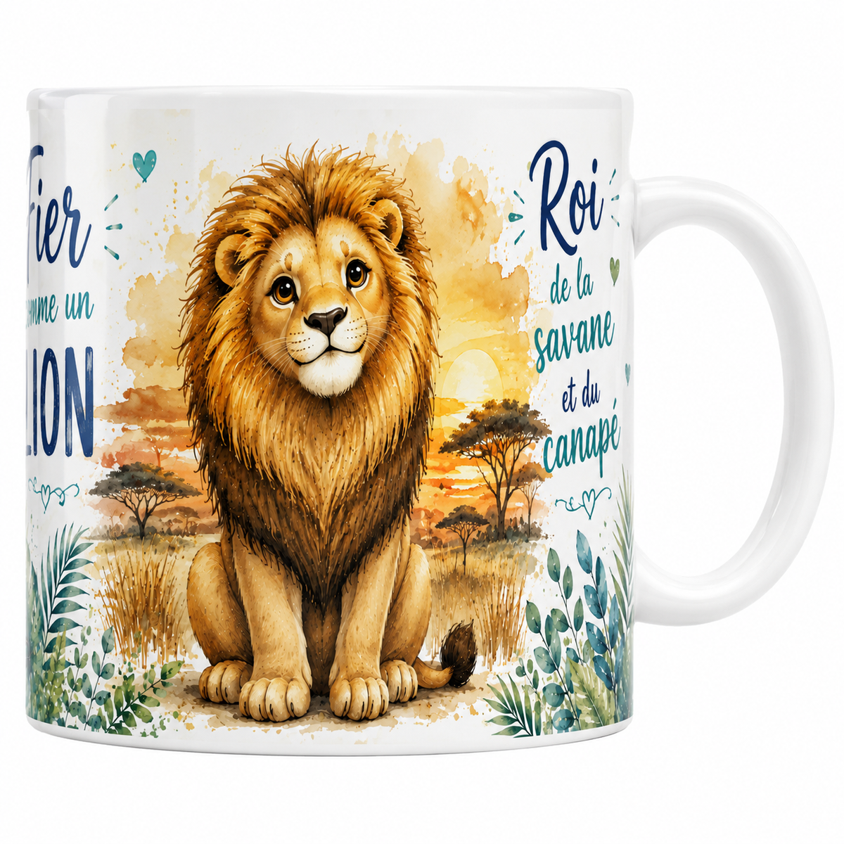 Mug céramique 330 ml « Fier comme un lion » : lion à crinière dorée dans la savane