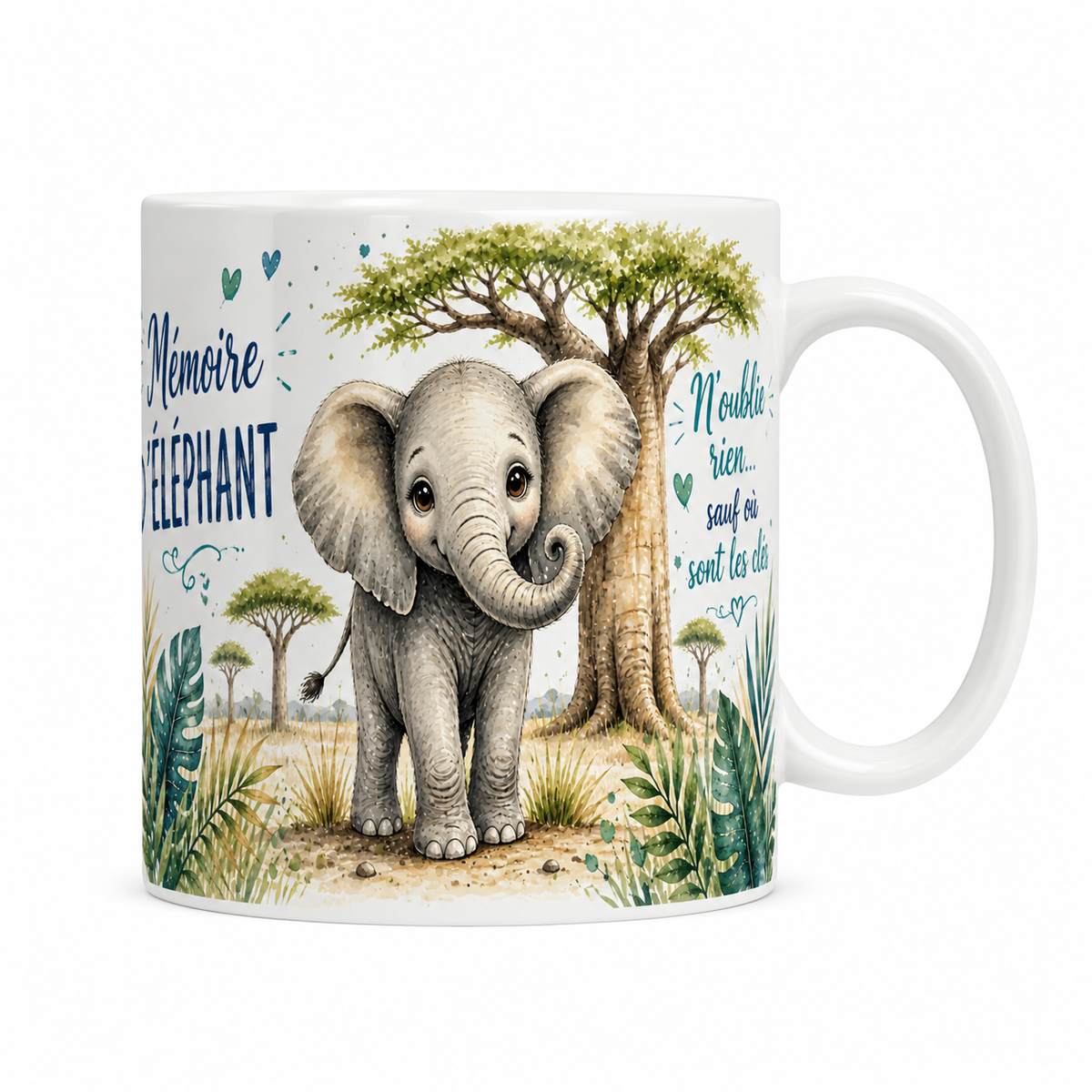 Mug céramique 330 ml « Mémoire d'éléphant » : éléphanteau et baobabs en aquarelle
