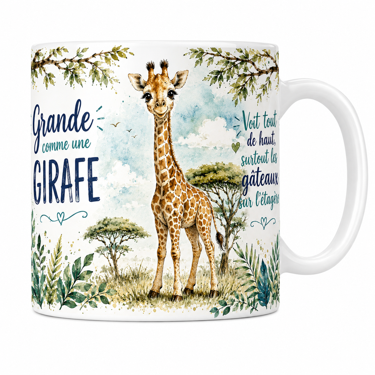 Mug céramique 330 ml « Grande comme une girafe » : girafon et acacias en aquarelle
