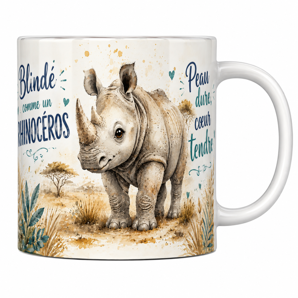 Mug céramique 330 ml « Blindé comme un rhinocéros » : rhinocéros et savane ocre