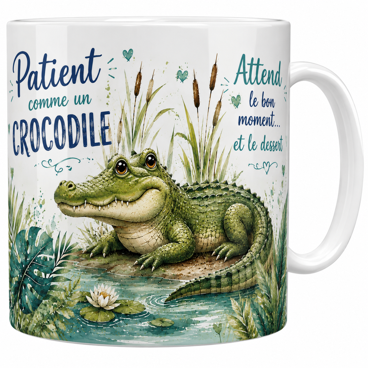 Mug céramique 330 ml « Patient comme un crocodile » : crocodile et nénuphars