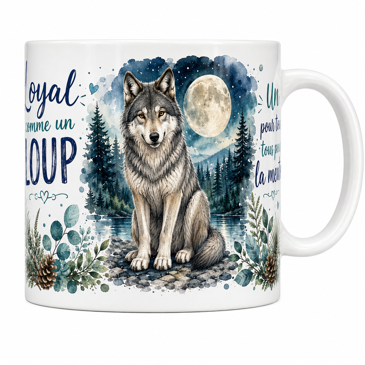 Mug céramique 330 ml « Loyal comme un loup » : loup gris et pleine lune