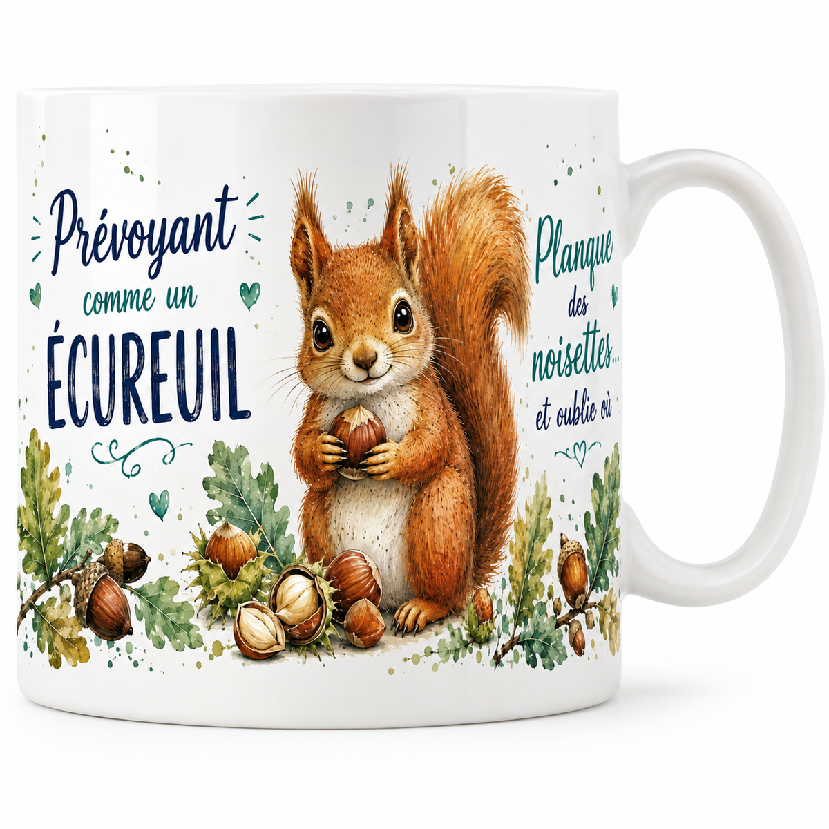 Mug céramique blanc « Prévoyant comme un écureuil », écureuil roux et noisettes à l'aquarelle