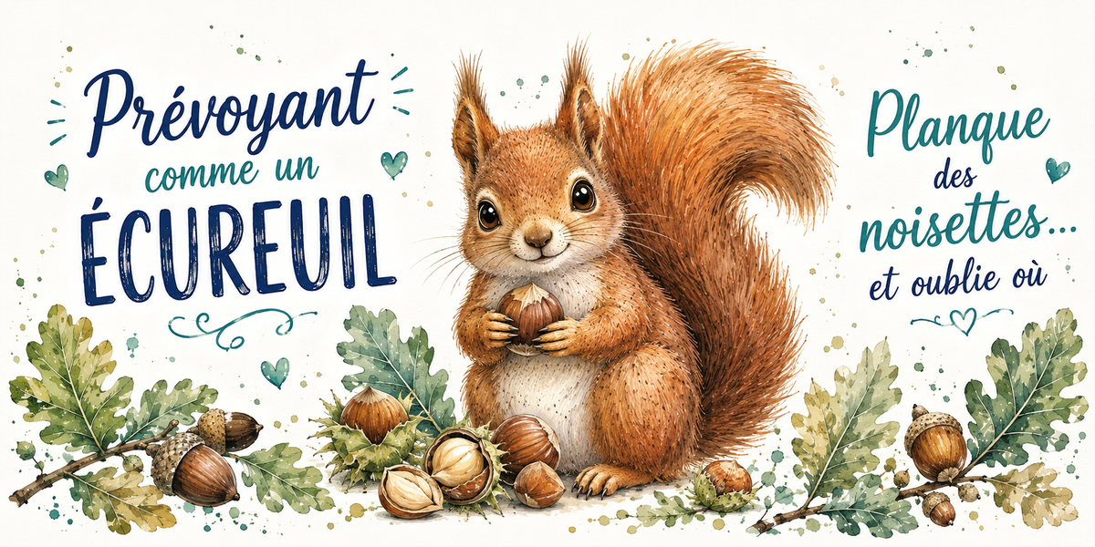 Écureuil roux et glands à l'aquarelle : « Prévoyant comme un écureuil. Planque des noisettes et oublie où »