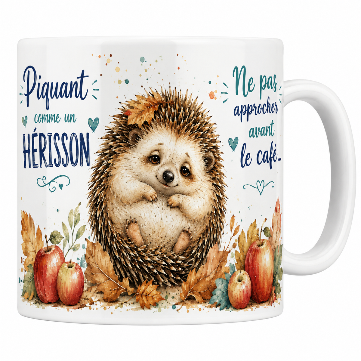 Mug céramique blanc « Piquant comme un hérisson », hérisson et pommes d'automne à l'aquarelle