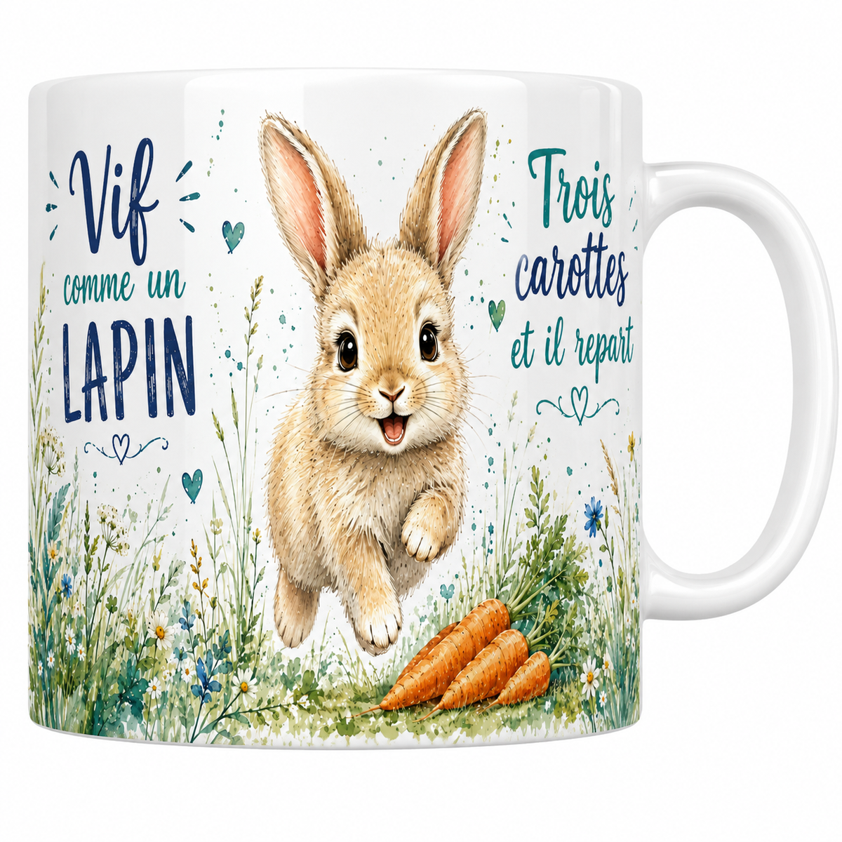 Mug céramique blanc « Vif comme un lapin », lapin bondissant et carottes à l'aquarelle