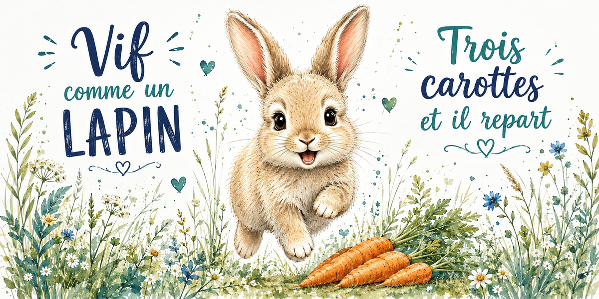 Lapin bondissant sur un pré fleuri à l'aquarelle : « Vif comme un lapin. Trois carottes et il repart »
