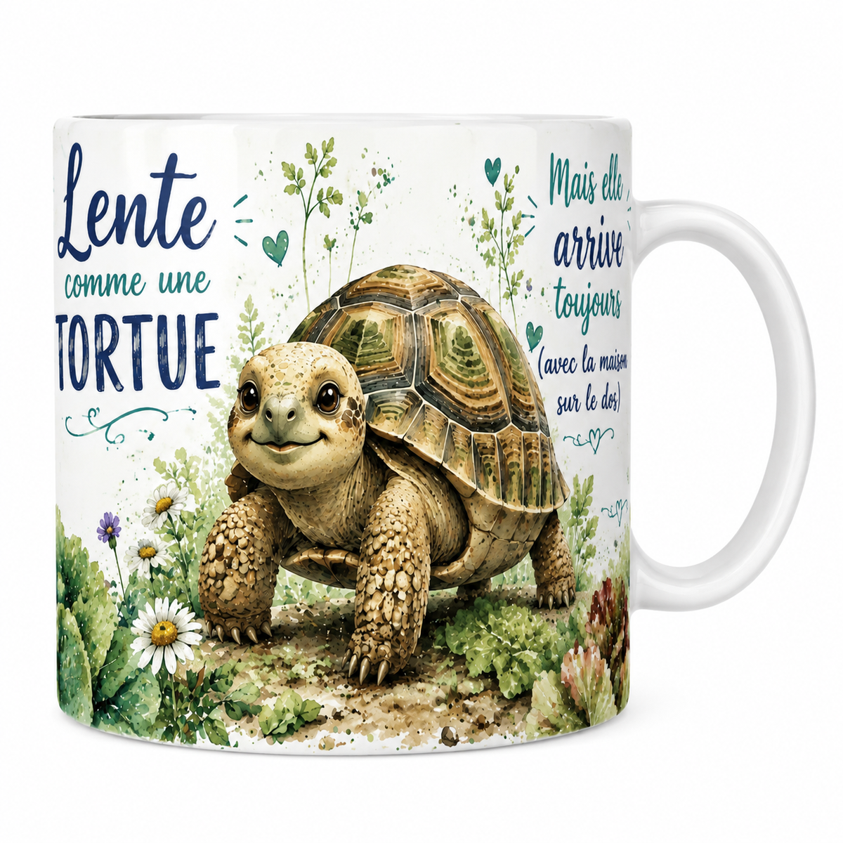 Mug céramique blanc « Lente comme une tortue », tortue terrestre et marguerites à l'aquarelle