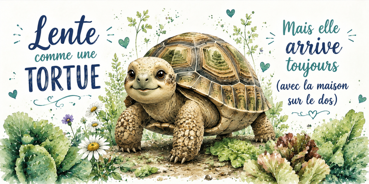 Tortue terrestre parmi les marguerites à l'aquarelle : « Lente comme une tortue. Mais elle arrive toujours »