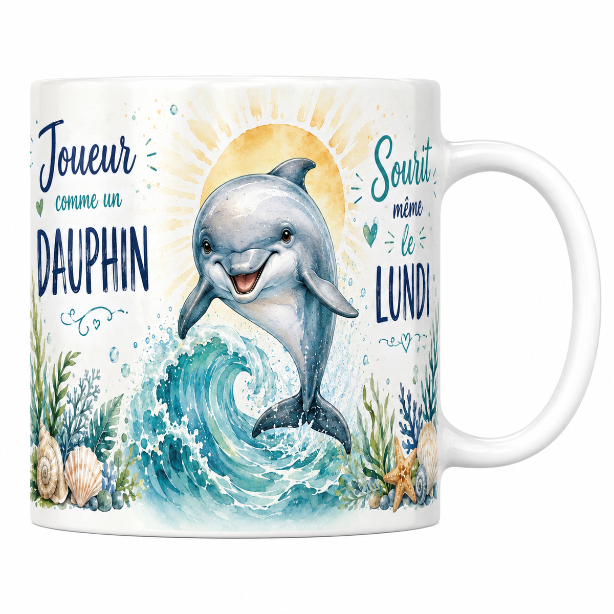 Mug céramique blanc « Joueur comme un dauphin », dauphin bondissant et soleil à l'aquarelle