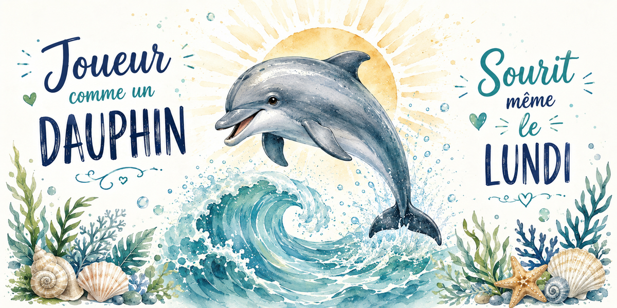 Dauphin jaillissant d'une vague à l'aquarelle : « Joueur comme un dauphin. Sourit même le lundi »