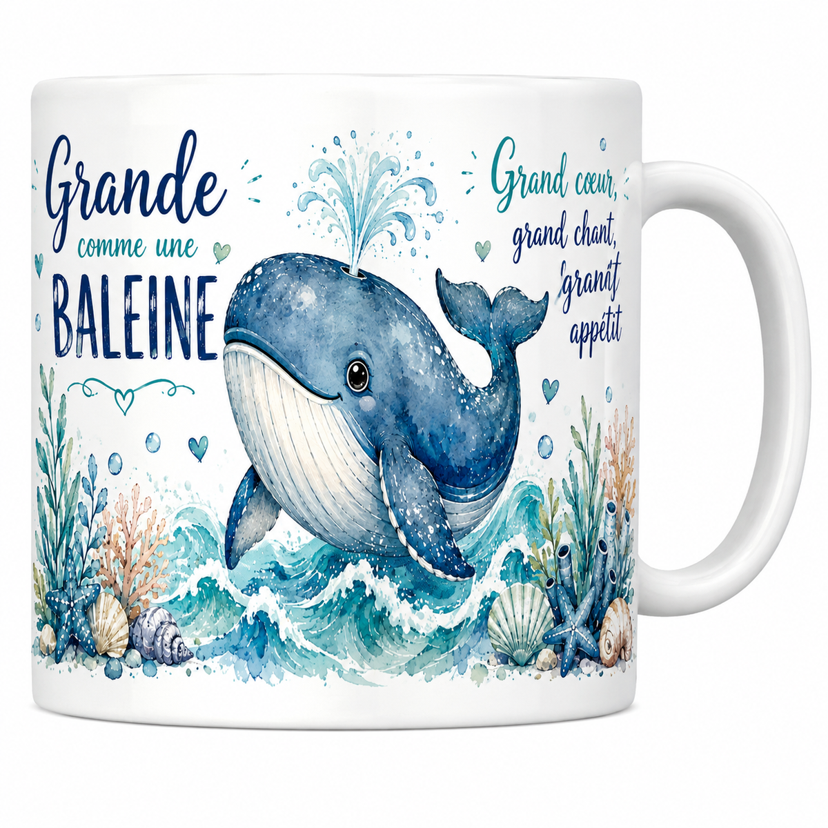 Mug céramique blanc « Grande comme une baleine », baleine et jet d'eau à l'aquarelle