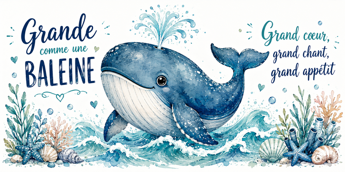 Baleine et son jet d'eau à l'aquarelle : « Grande comme une baleine. Grand cœur, grand chant, grand appétit »