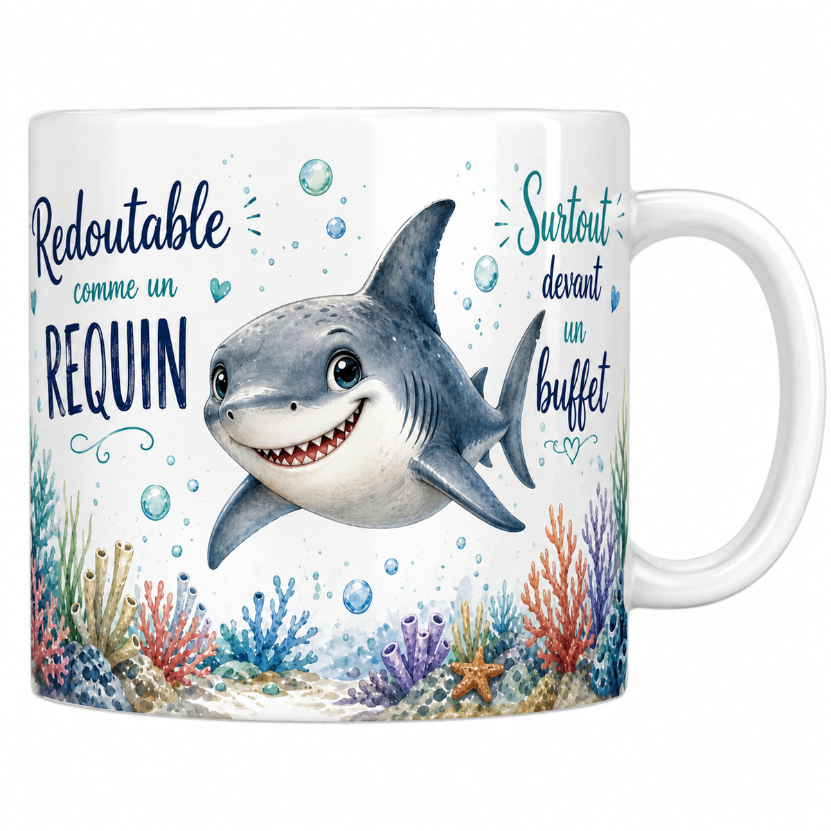 Mug céramique blanc « Redoutable comme un requin », requin souriant et coraux à l'aquarelle