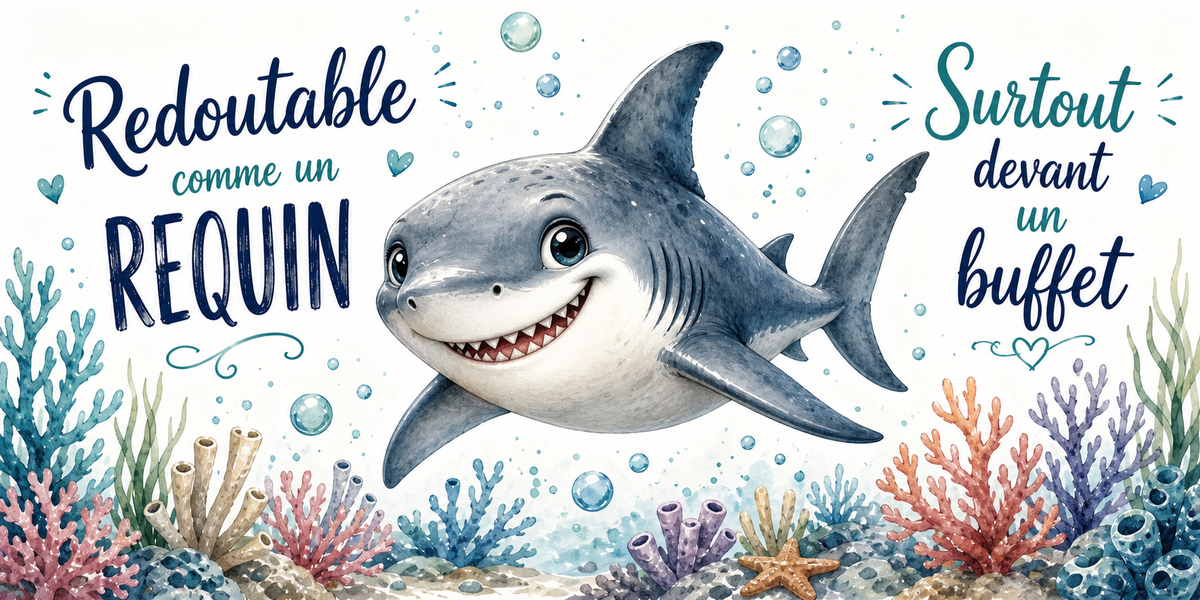 Requin souriant au milieu des bulles à l'aquarelle : « Redoutable comme un requin. Surtout devant un buffet »