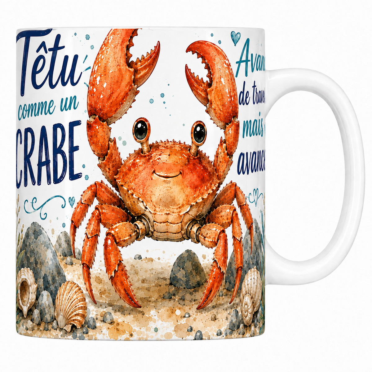 Mug céramique blanc « Têtu comme un crabe », crabe orange et coquillages à l'aquarelle