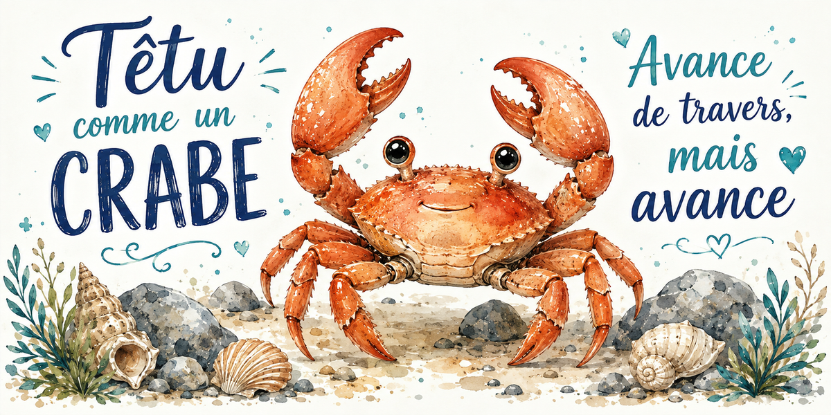 Crabe orange aux pinces levées à l'aquarelle : « Têtu comme un crabe. Avance de travers, mais avance »