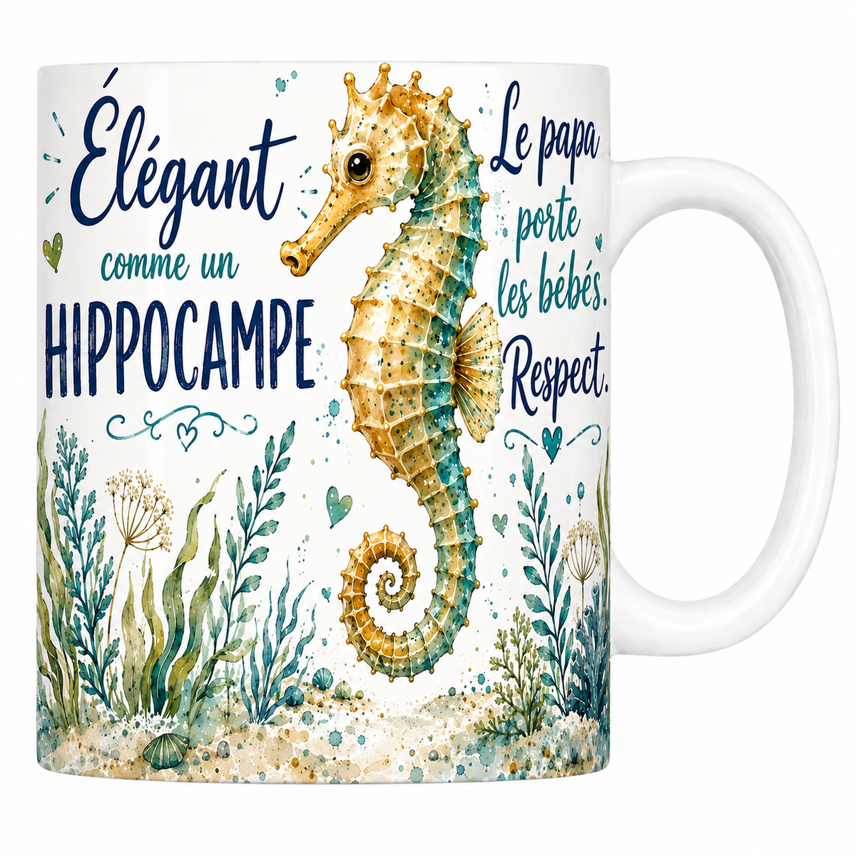 Mug céramique blanc « Élégant comme un hippocampe », hippocampe doré et herbiers à l'aquarelle