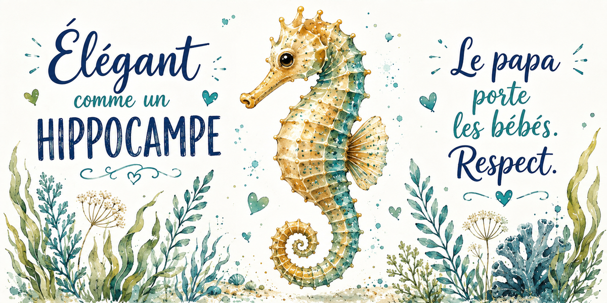 Hippocampe à la queue enroulée à l'aquarelle : « Élégant comme un hippocampe. Le papa porte les bébés »