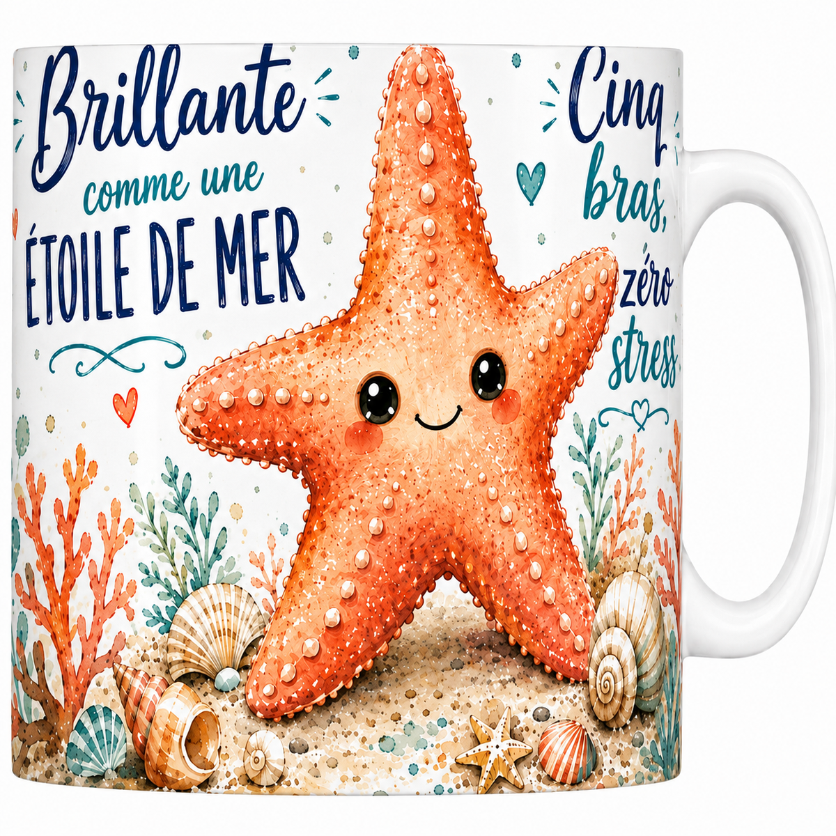 Mug céramique blanc « Brillante comme une étoile de mer », étoile de mer corail à l'aquarelle