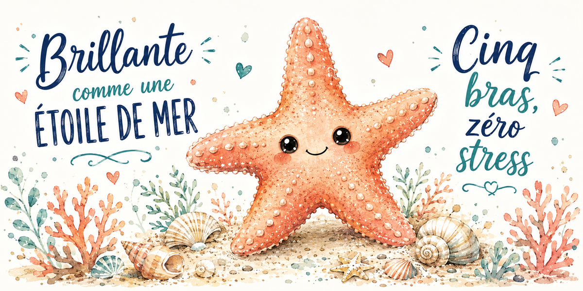 Étoile de mer corail sur le sable à l'aquarelle : « Brillante comme une étoile de mer. Cinq bras, zéro stress »