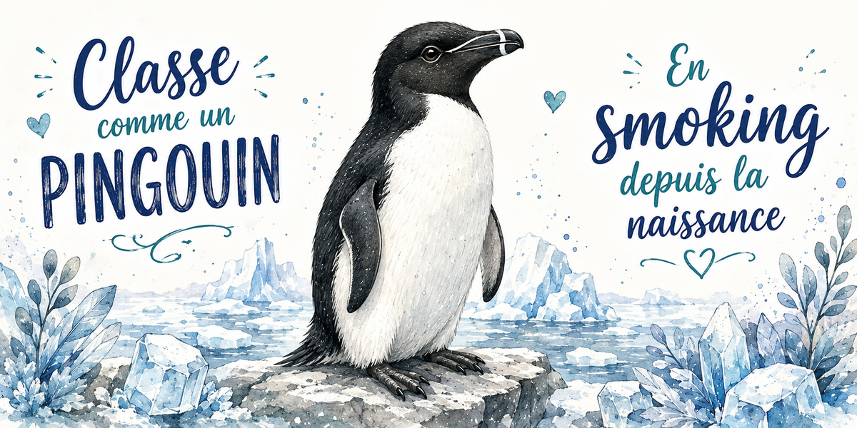 Pingouin sur son rocher de banquise à l'aquarelle : « Classe comme un pingouin. En smoking depuis la naissance »