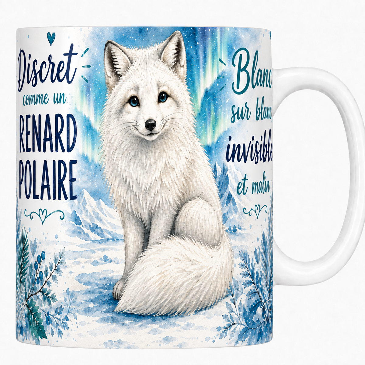 Mug céramique blanc « Discret comme un renard polaire », renard blanc et aurore boréale à l'aquarelle
