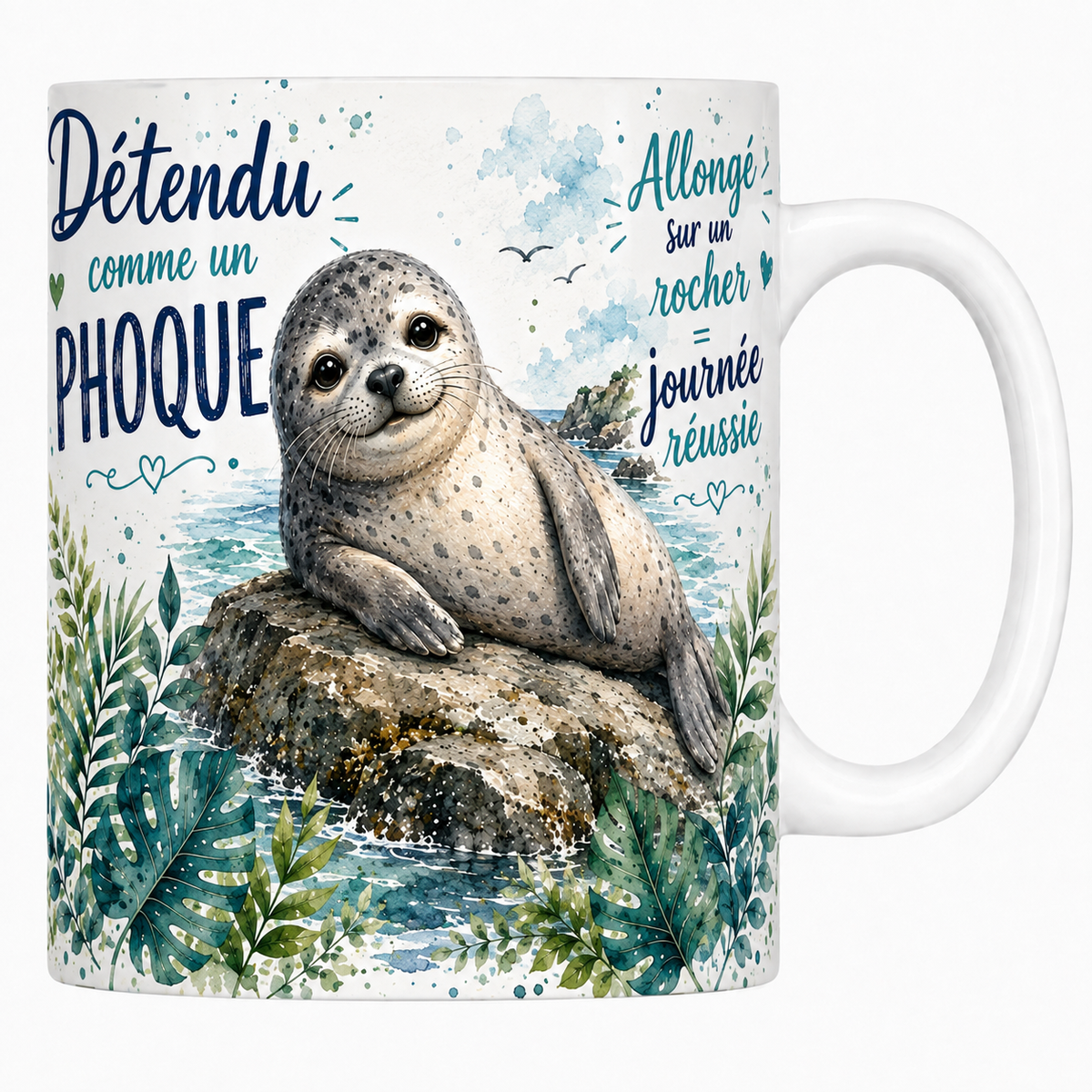 Mug céramique blanc « Détendu comme un phoque », phoque allongé sur un rocher à l'aquarelle