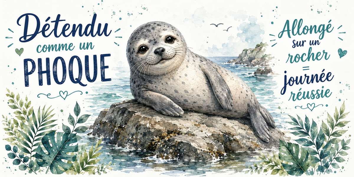Phoque allongé sur son rocher à l'aquarelle : « Détendu comme un phoque. Journée réussie »