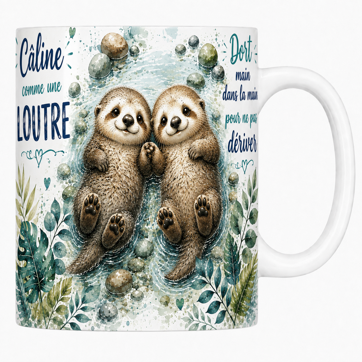 Mug céramique blanc « Câline comme une loutre », deux loutres pattes jointes à l'aquarelle