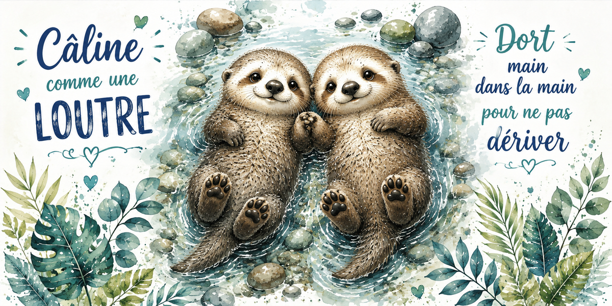 Deux loutres flottant pattes jointes à l'aquarelle : « Câline comme une loutre. Dort main dans la main »