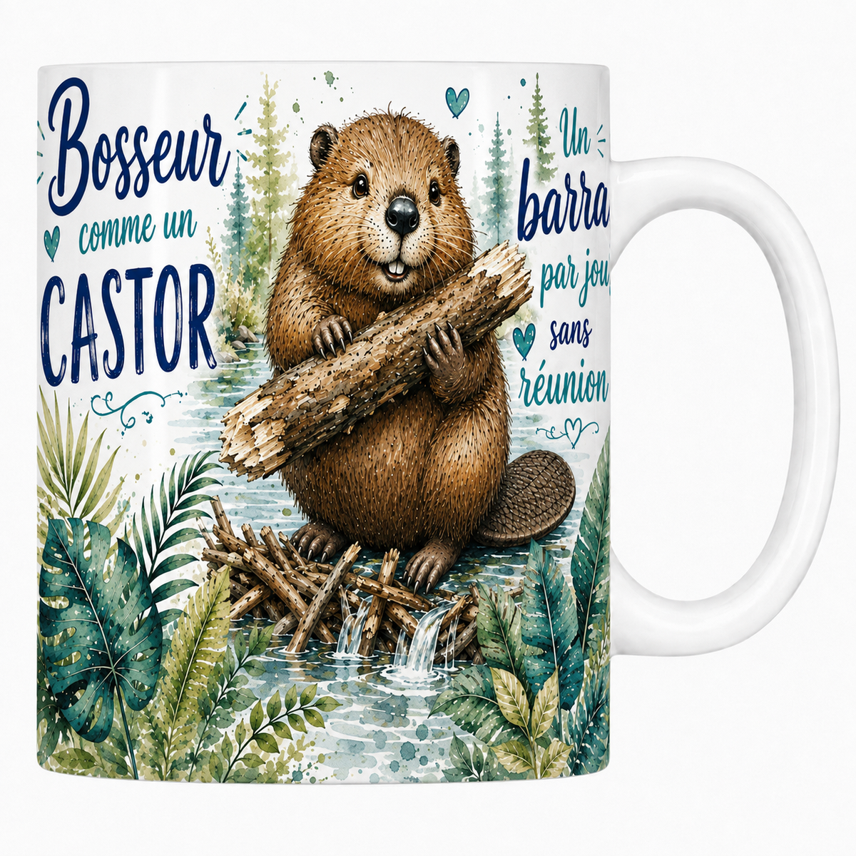 Mug céramique blanc « Bosseur comme un castor », castor tenant sa branche à l'aquarelle