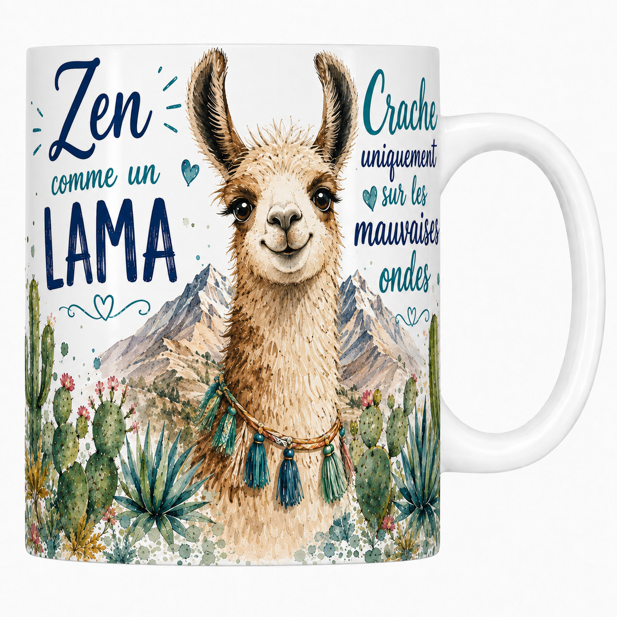 Mug céramique blanc « Zen comme un lama », lama au collier turquoise et cactus à l'aquarelle