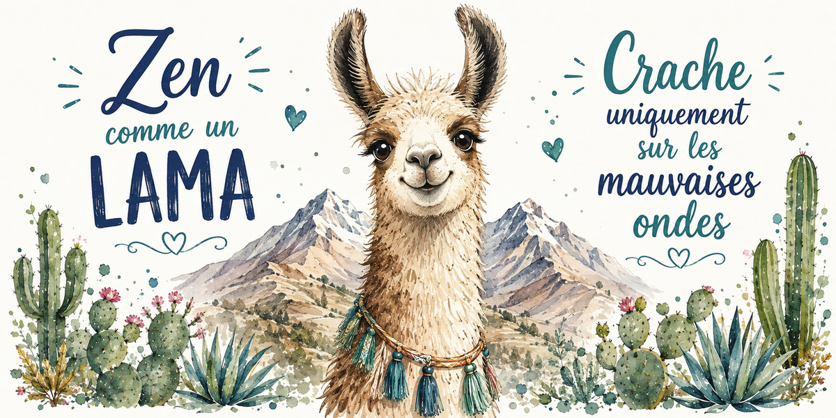 Lama devant les sommets andins à l'aquarelle : « Zen comme un lama. Crache sur les mauvaises ondes »