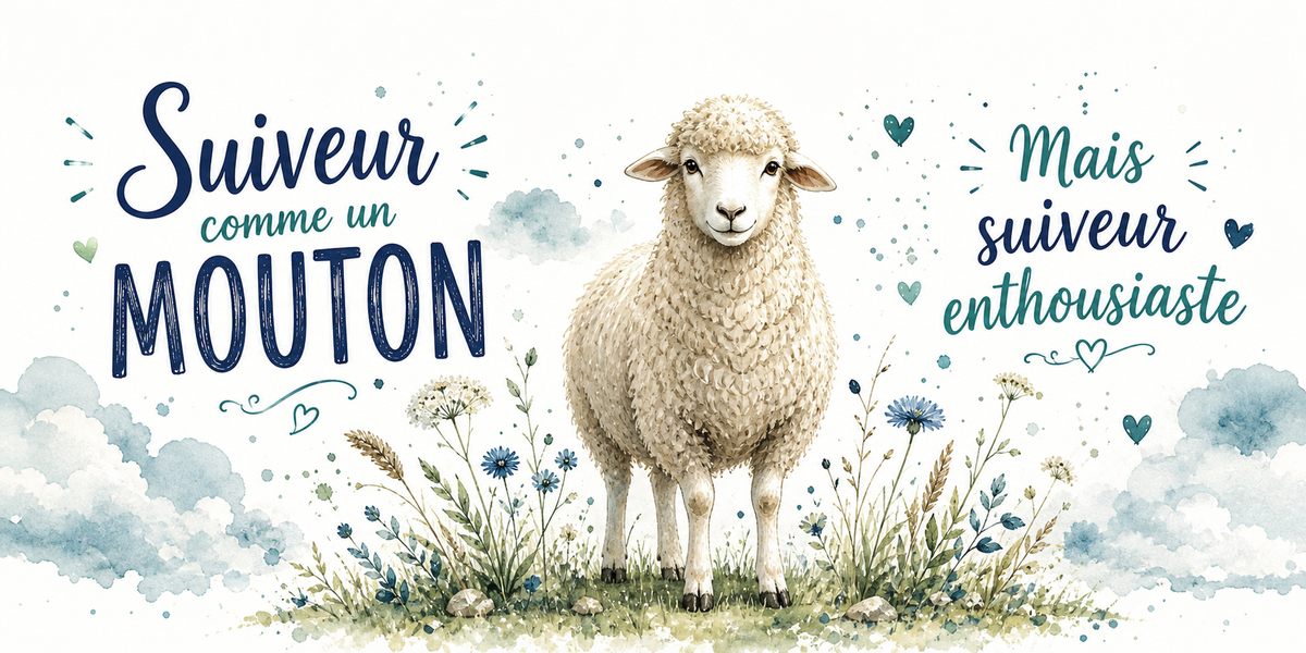 Mouton dans un pré de bleuets à l'aquarelle : « Suiveur comme un mouton. Mais suiveur enthousiaste »